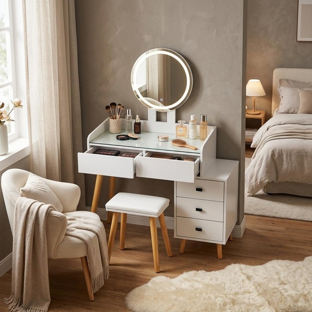 46" White Wood Mirrored Five Drawer Vanity Table styled in a furnished interior with a tan wall on a dark wood floor.