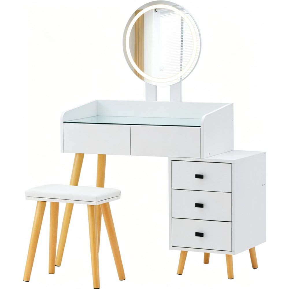 White wood vanity table with a round LED mirror and white stool on a white background.