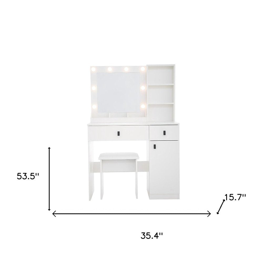 35" White Wood Two Drawer Vanity Table