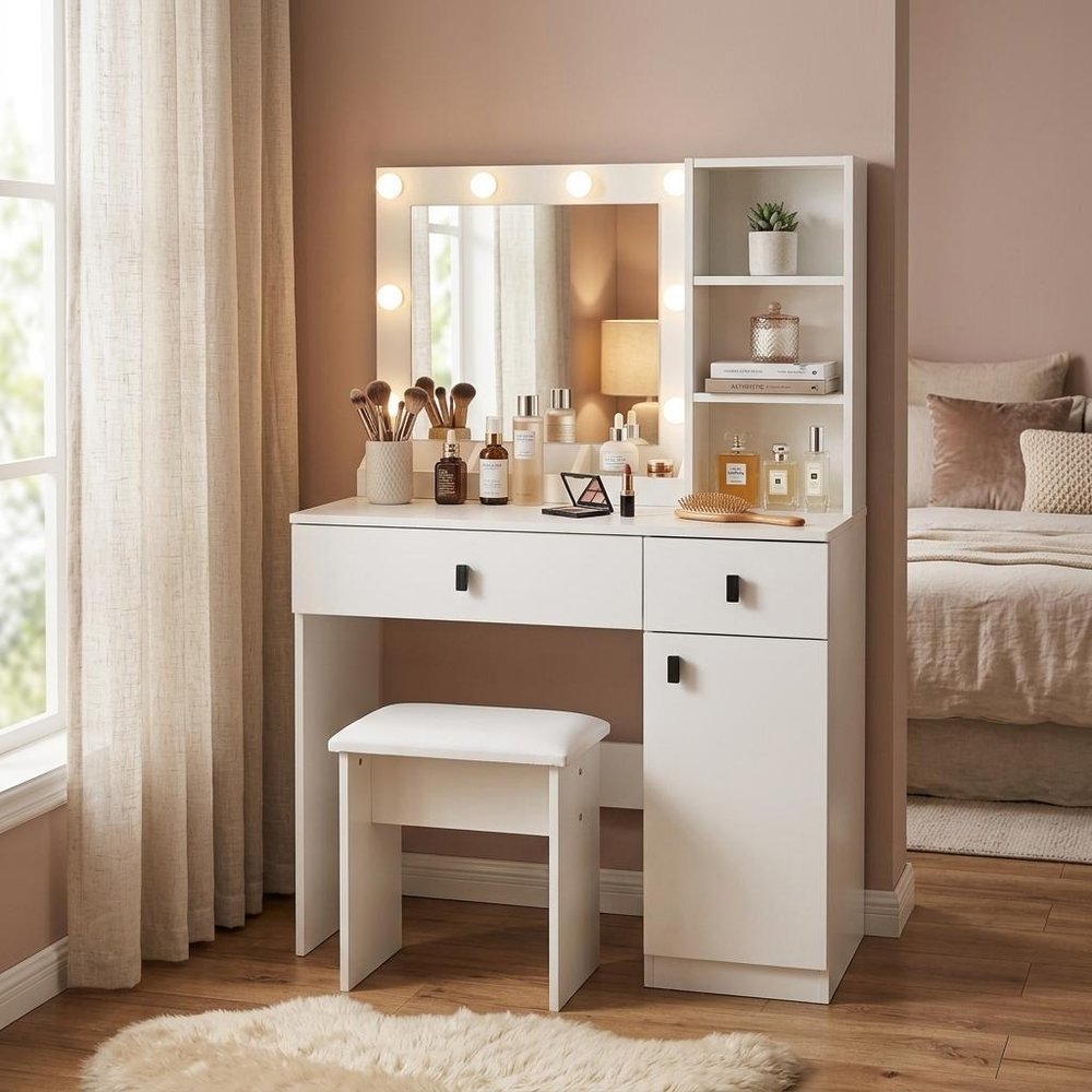 35" White Wood Two Drawer Vanity Table