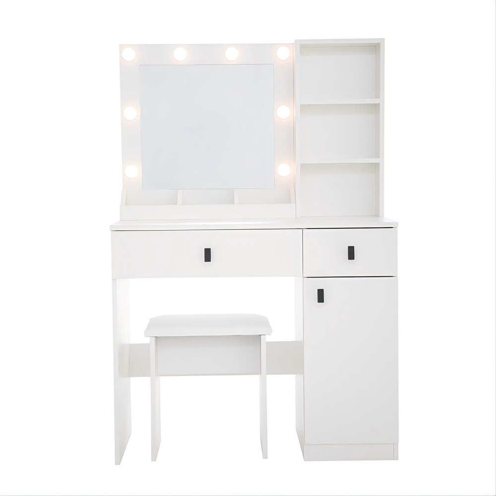 35" White Wood Two Drawer Vanity Table
