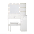 35" White Wood Two Drawer Vanity Table. Vanity table isolated on a plain white background, showing a white wood surface.