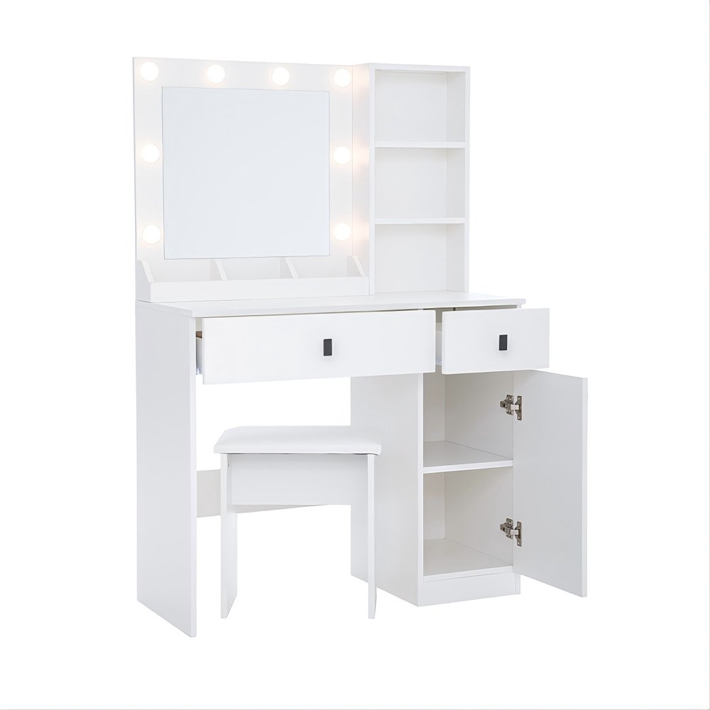 35" White Wood Two Drawer Vanity Table