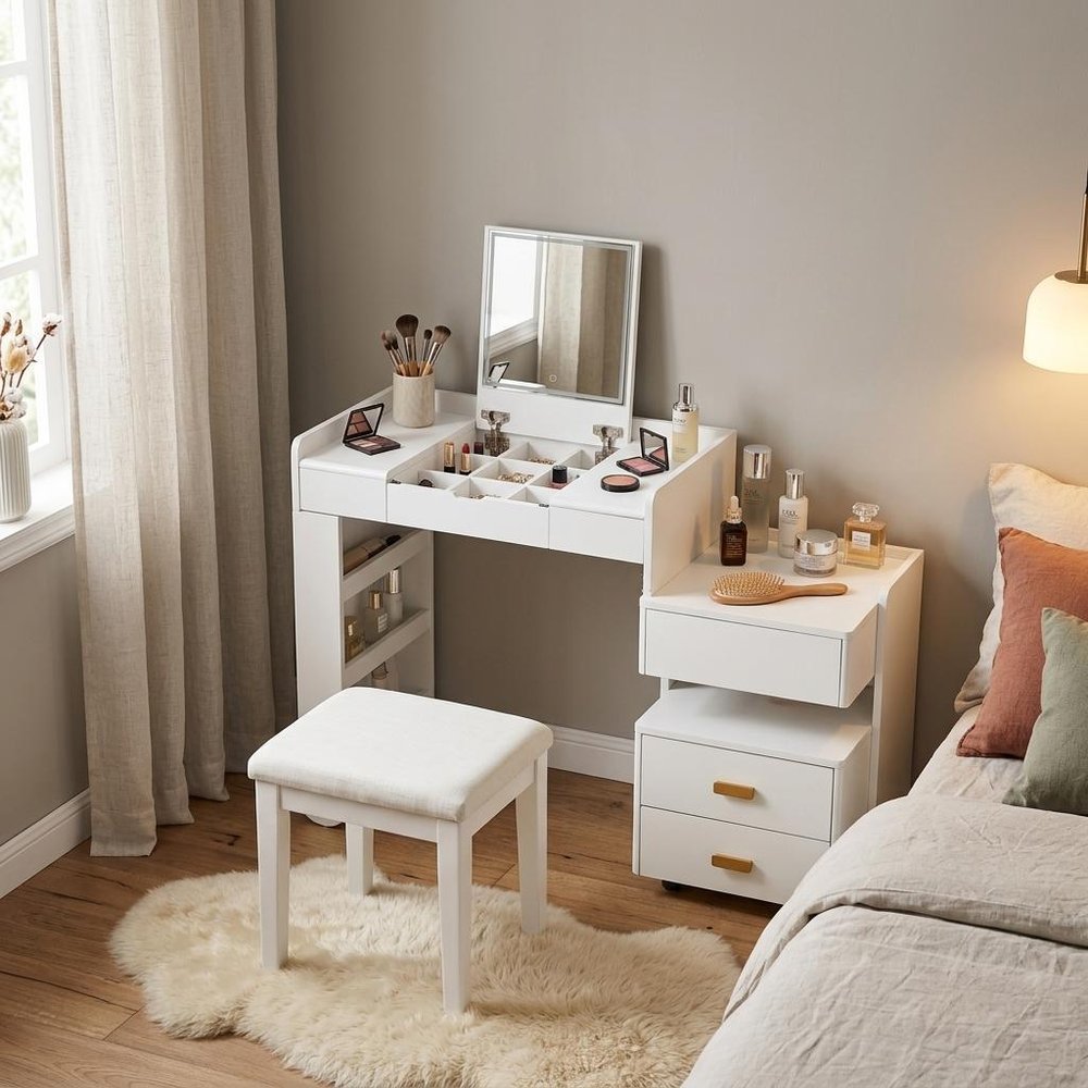 45" White Wood Five Drawer Vanity Table