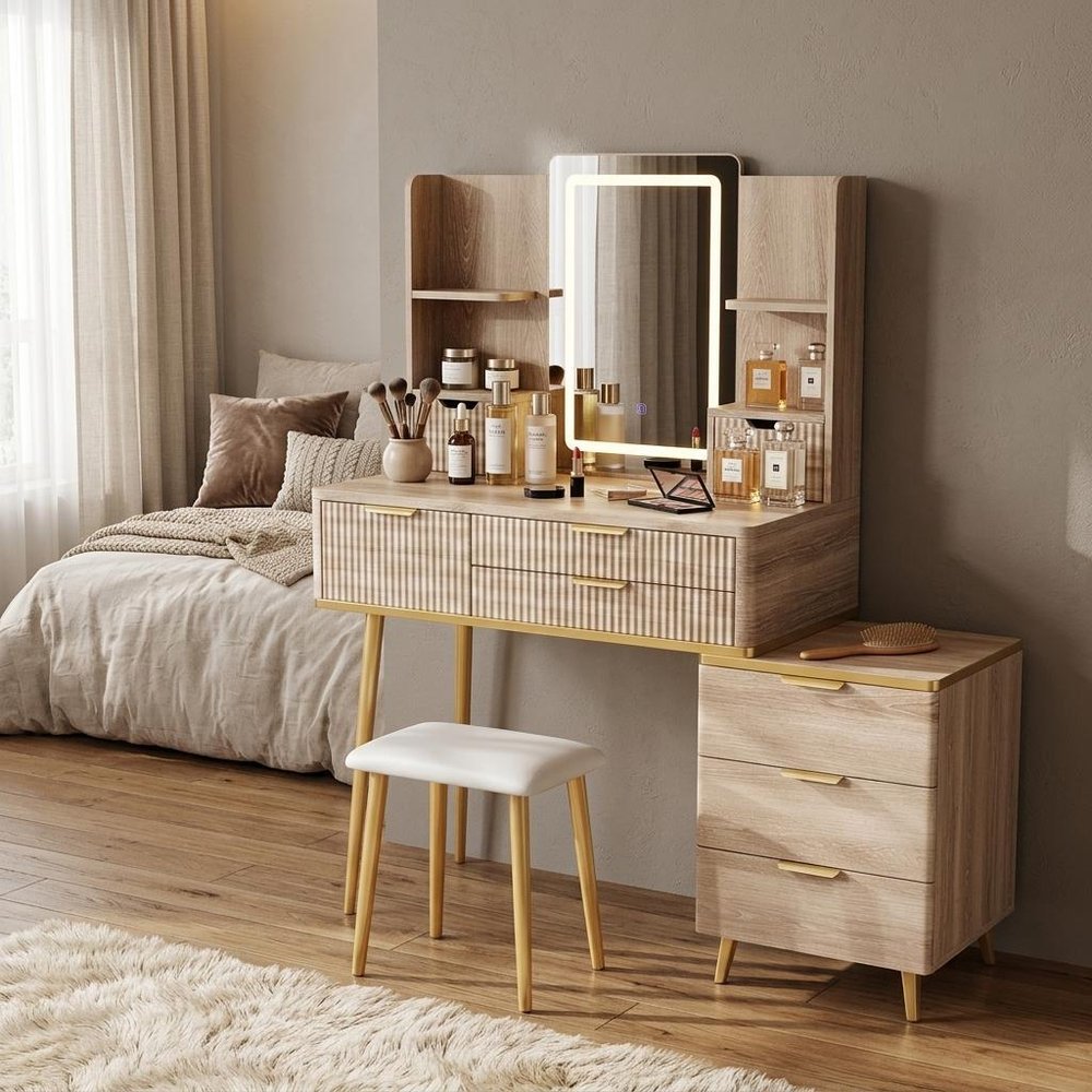 39" Brown Wood Eight Drawer Vanity Table