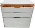19" White Wood Mirrored Three Drawer Vanity Table. Vanity table isolated on a plain white background, showing a white wood surface.