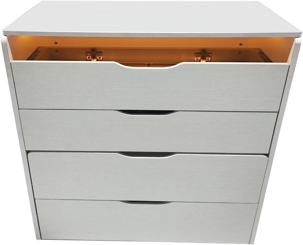 White wood vanity table with three drawers and a mirrored top, featuring integrated lighting.