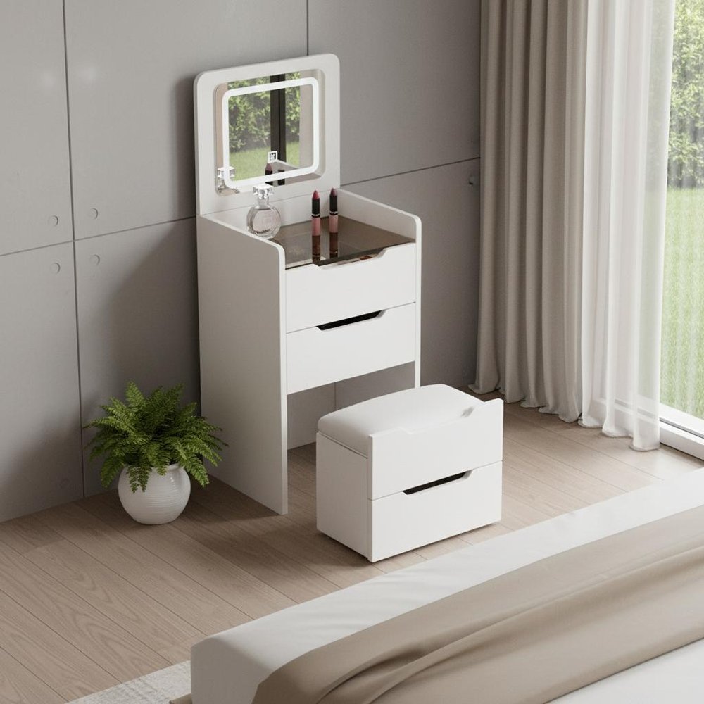 19" White Wood Mirrored Three Drawer Vanity Table
