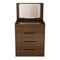 24" Walnut Wood Mirrored Three Drawer Vanity Table. Vanity table isolated on a plain white background, in a walnut wood finish.