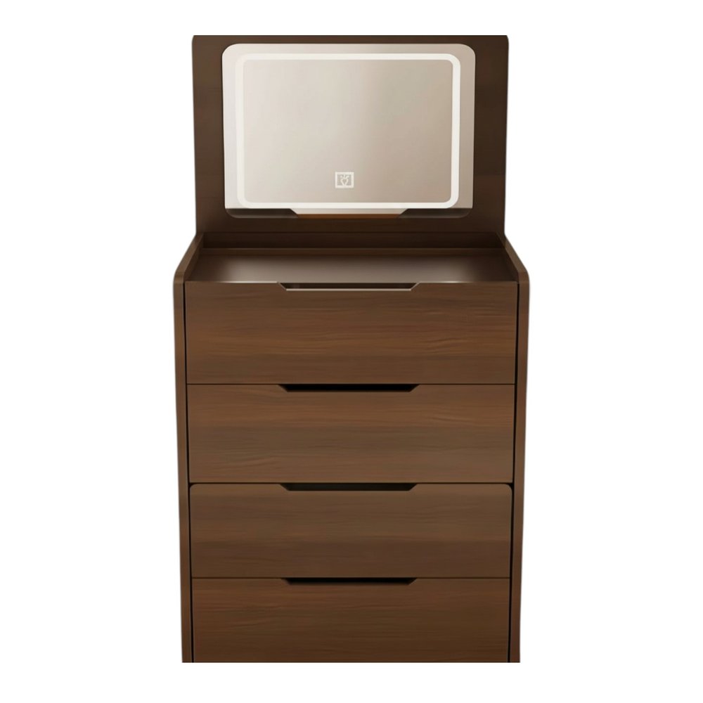 A 24" walnut wood vanity table with a mirrored top and three drawers against a white background.