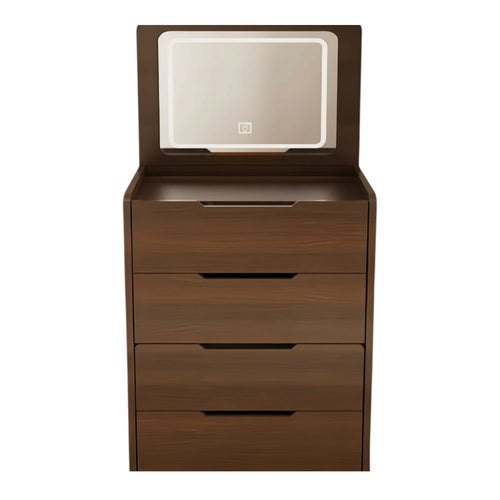 A 24" walnut wood vanity table with a mirrored top and three drawers against a white background.