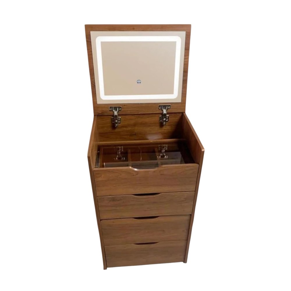 Walnut wood three-drawer vanity table with a mirrored top and LED light, shown against a white background.