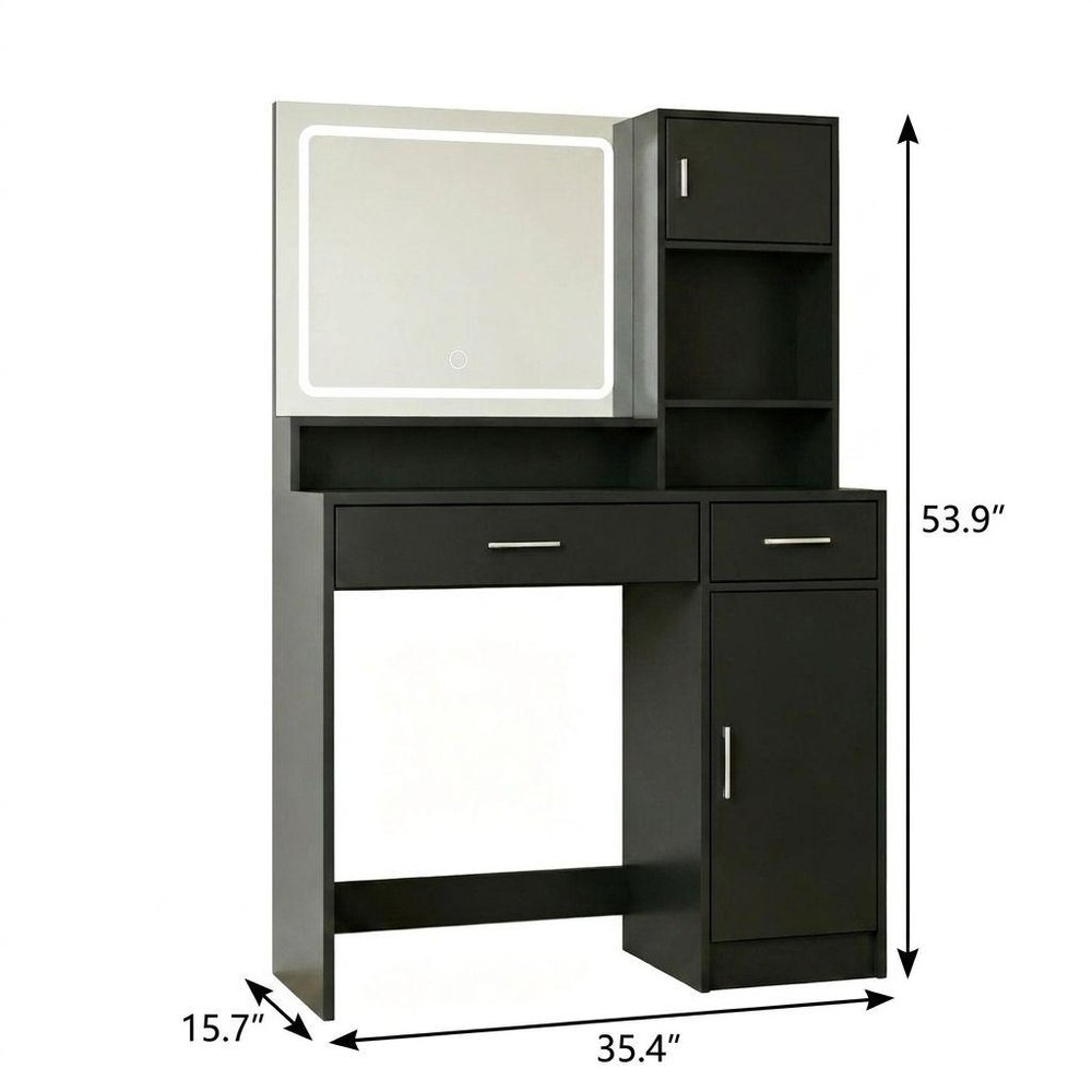 35" Black Wood Two Drawer Vanity Table