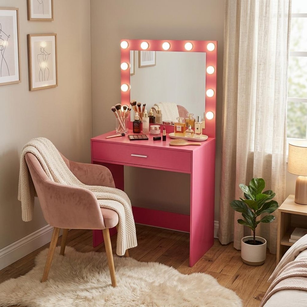 28" Pink Wood Mirrored Vanity Table