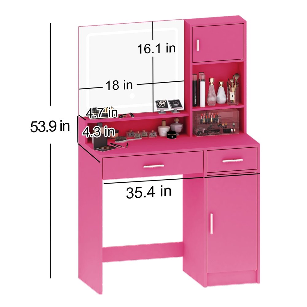 35" Pink Wood Mirrored Two Drawer Vanity Table
