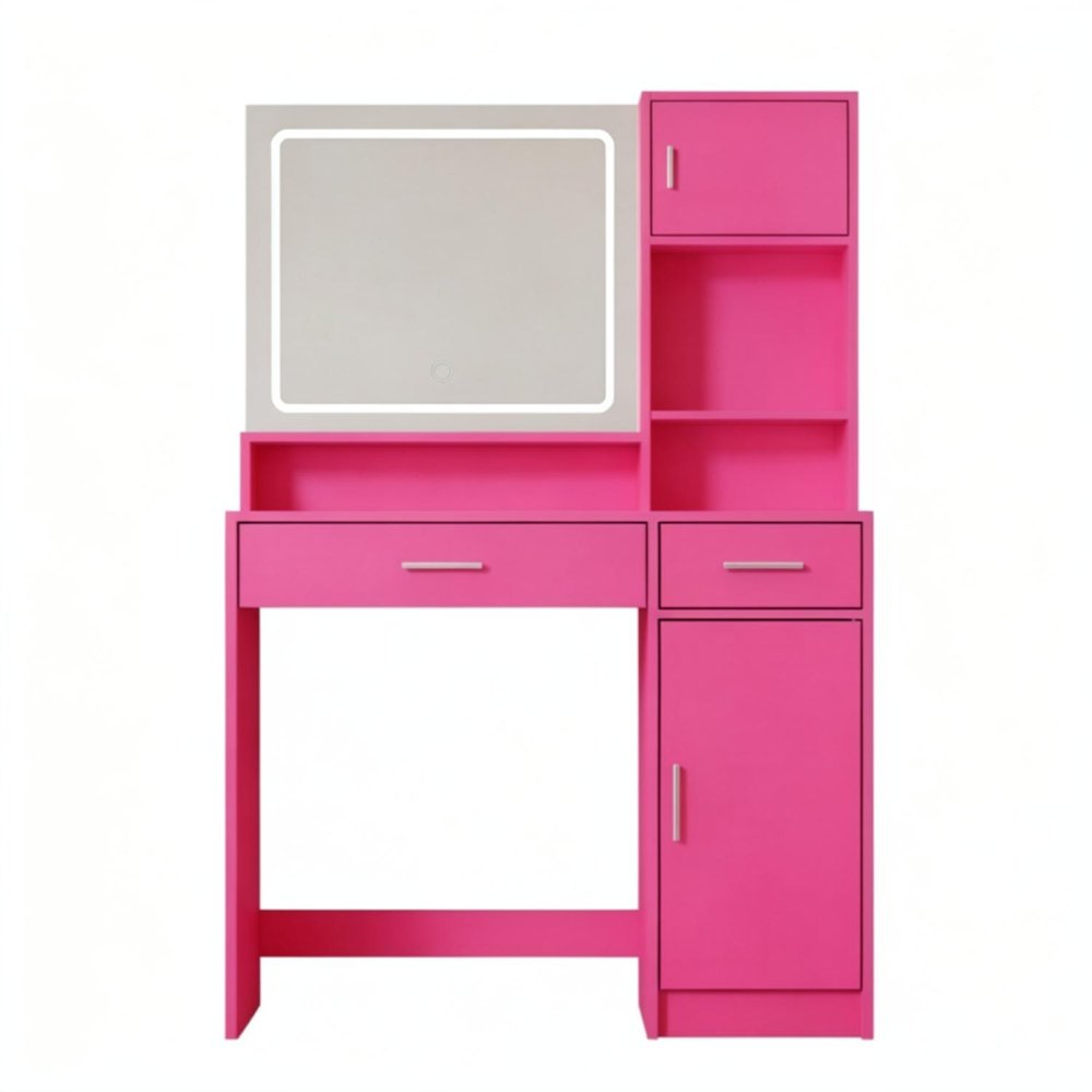 35" Pink Wood Mirrored Two Drawer Vanity Table