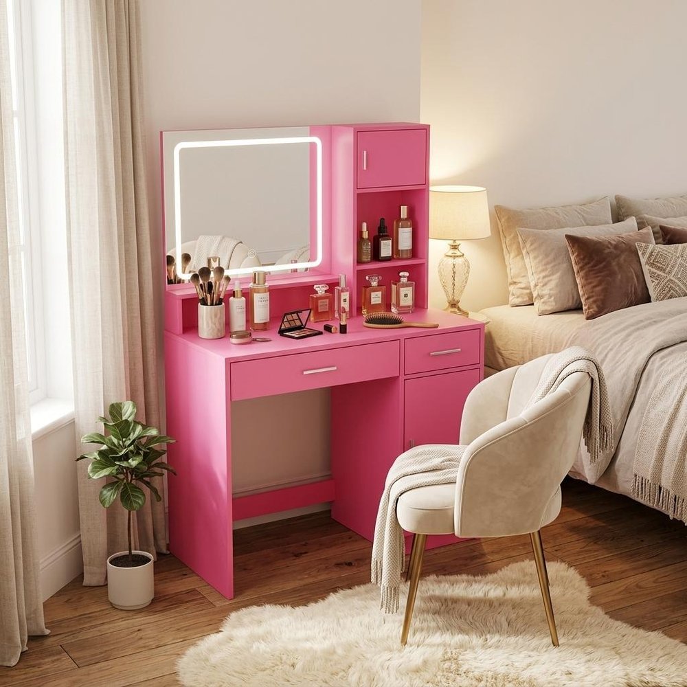 35" Pink Wood Mirrored Two Drawer Vanity Table