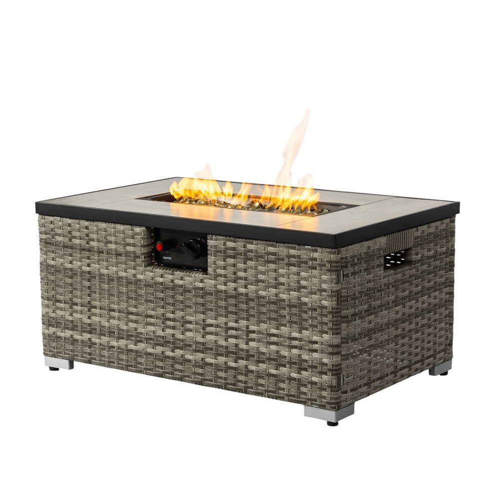 50000 BTU 32" Beige Iron Propane Rectangular Fire Pit With Cover. Outdoor fireplaces and firepit isolated on a plain white background, showing a beige metal surface.