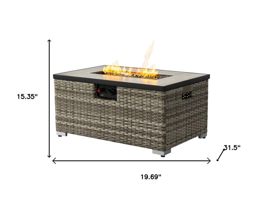 50000 BTU 32" Beige Iron Propane Rectangular Fire Pit With Cover. Outdoor fireplaces and firepit isolated on a plain white background, showing a metal surface.