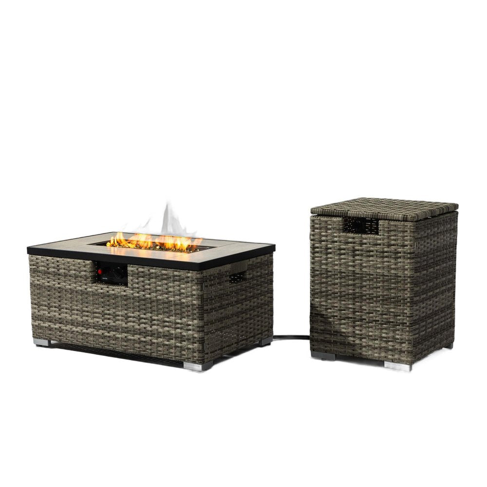 50000 BTU 32" Beige Iron Propane Rectangular Fire Pit With Cover. Outdoor fireplaces and firepit isolated on a plain white background, showing a metal surface.