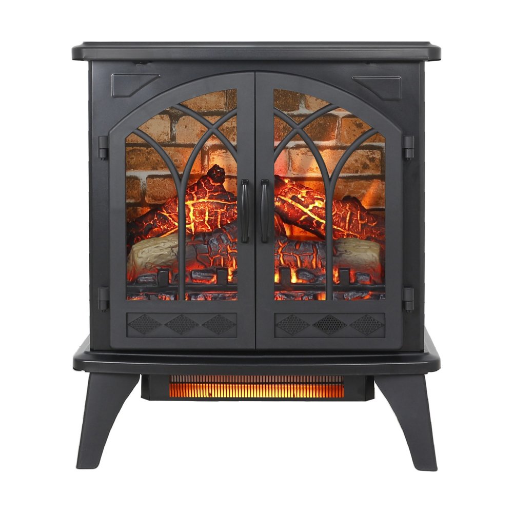 24" Black Metal Electric Fireplace With LED. Fireplace isolated on a plain white background, in a black metal finish.
