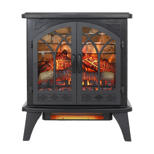 Black metal electric fireplace with arched glass doors, realistic LED logs, and a visible heating element below.