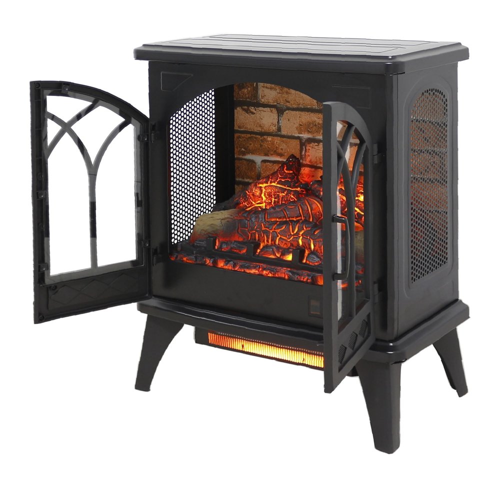24" Black Metal Electric Fireplace With LED. Fireplace isolated on a plain white background, showing a black metal surface.