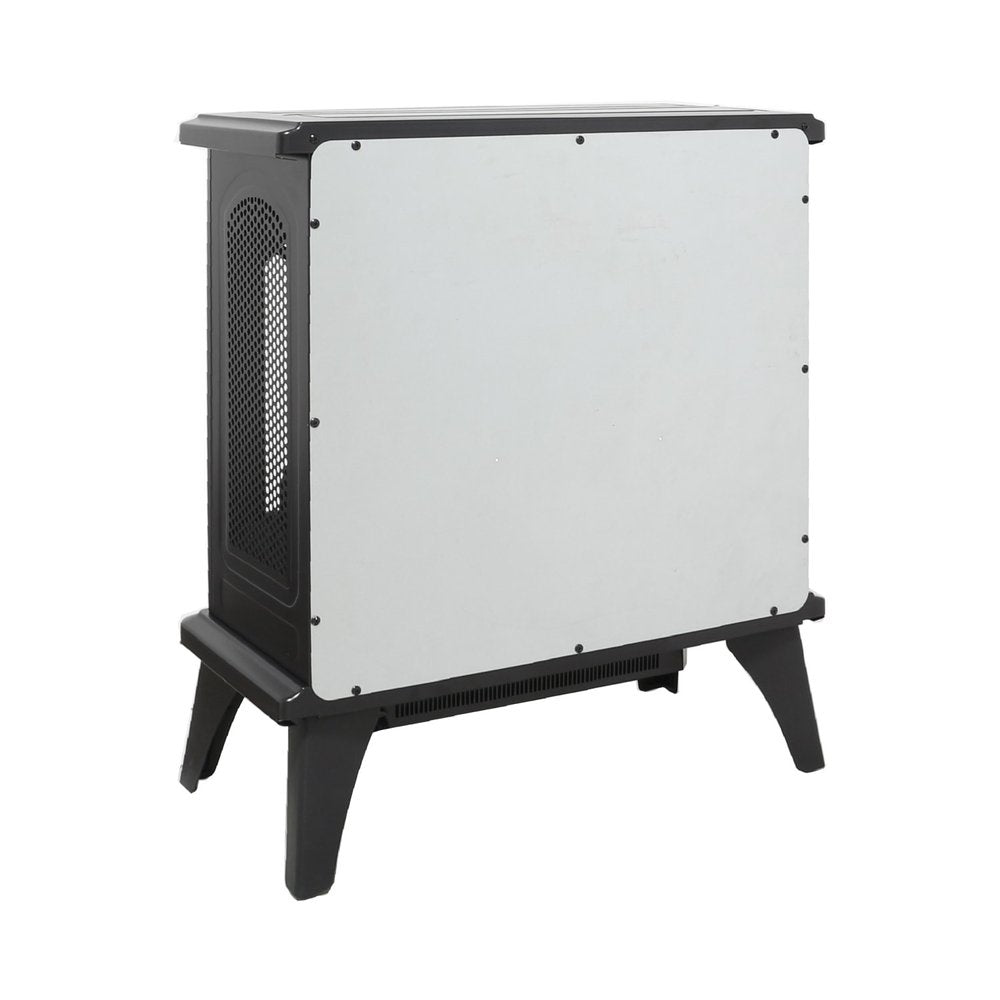 24" Black Metal Electric Fireplace With LED. Fireplace isolated on a plain white background, in a black metal finish.