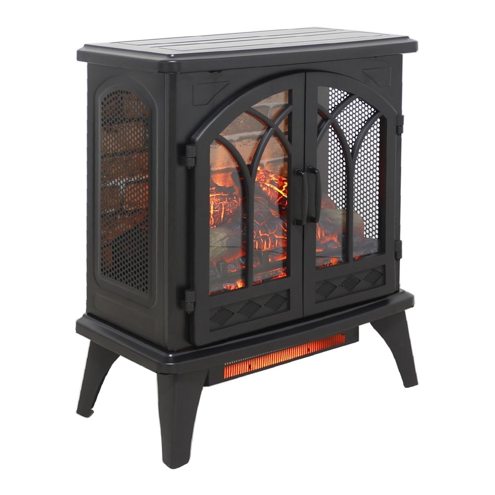 24" Black Metal Electric Fireplace With LED. Fireplace isolated on a plain white background, finished in black metal.
