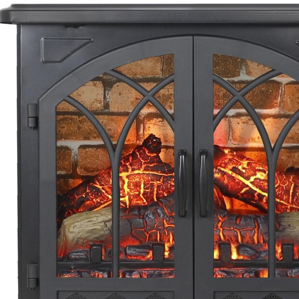 Cropped view of 24" Black Metal Electric Fireplace With LED focusing on the black metal surface.