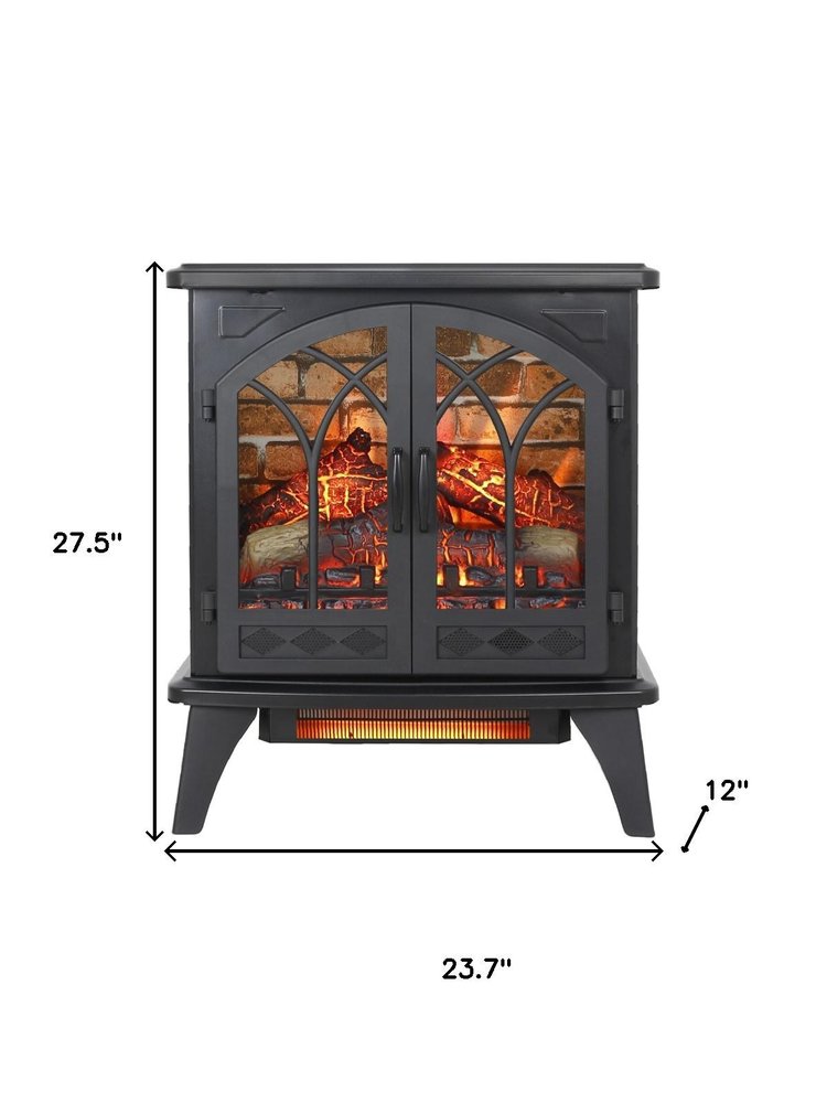 24" Black Metal Electric Fireplace With LED. Fireplace isolated on a plain white background, finished in black metal.