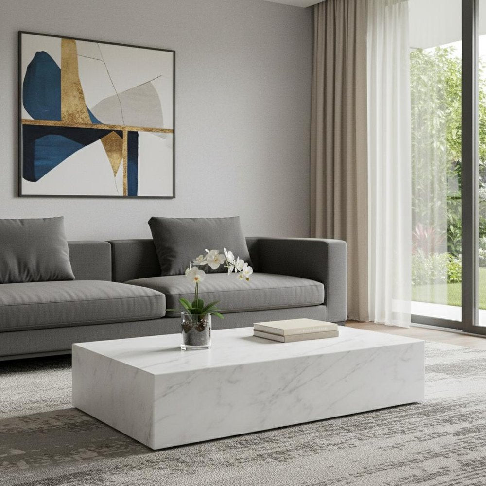 55" White Genuine Marble Block Coffee Table