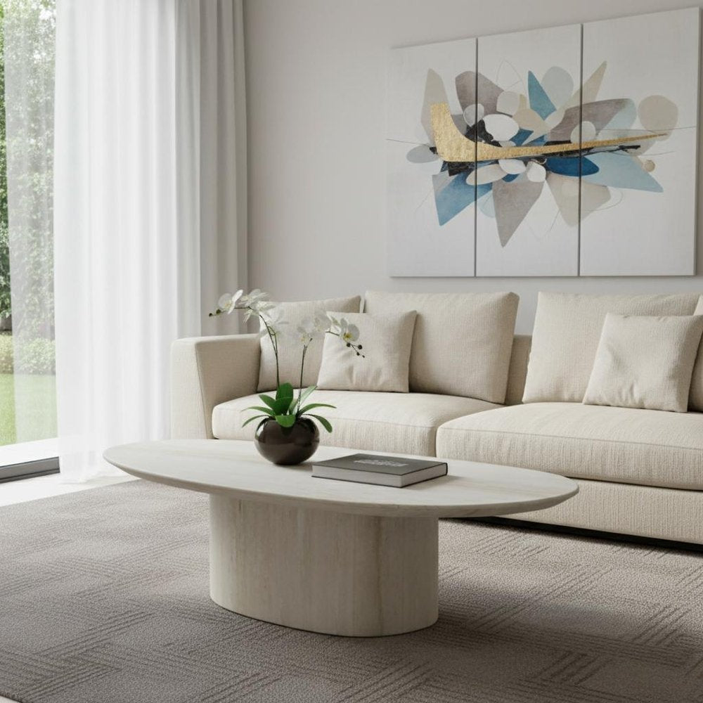 51" Beige Marble Oval Pedestal Coffee Table
