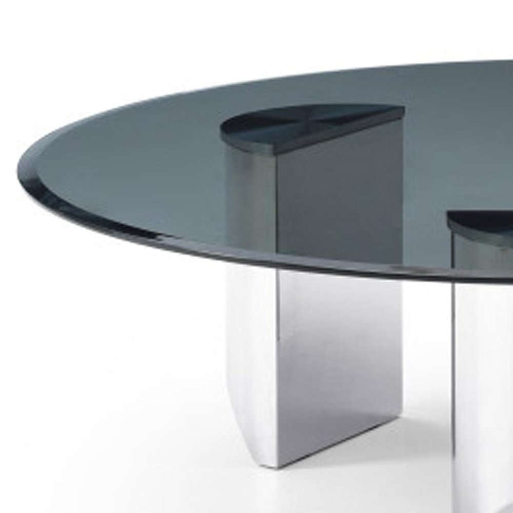 49" Black and Silver Mirrored Glass and Stainless Steel Round Coffee Table