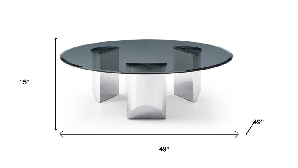 49" Black and Silver Mirrored Glass and Stainless Steel Round Coffee Table