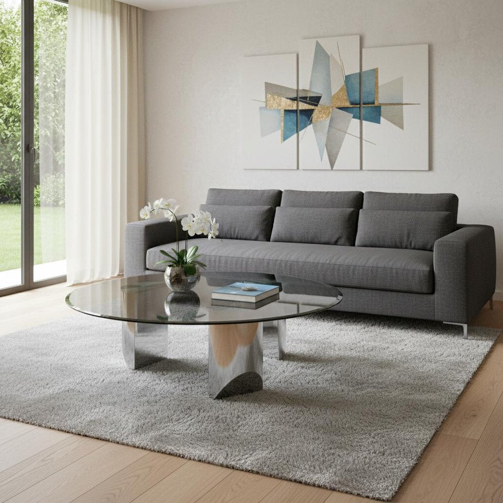 49" Black and Silver Mirrored Glass and Stainless Steel Round Coffee Table