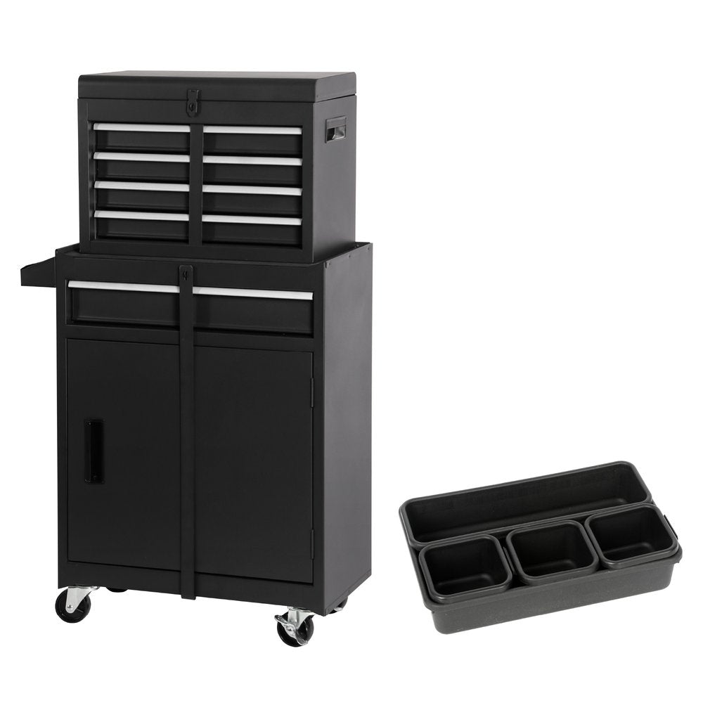 Black steel rolling tool cabinet with a lid and a three-compartment organizer tray on a white background.