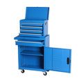 Set of Two Blue Multi-Tier Steel Six Drawer Rolling Storage Cabinet With Lid on a white background
