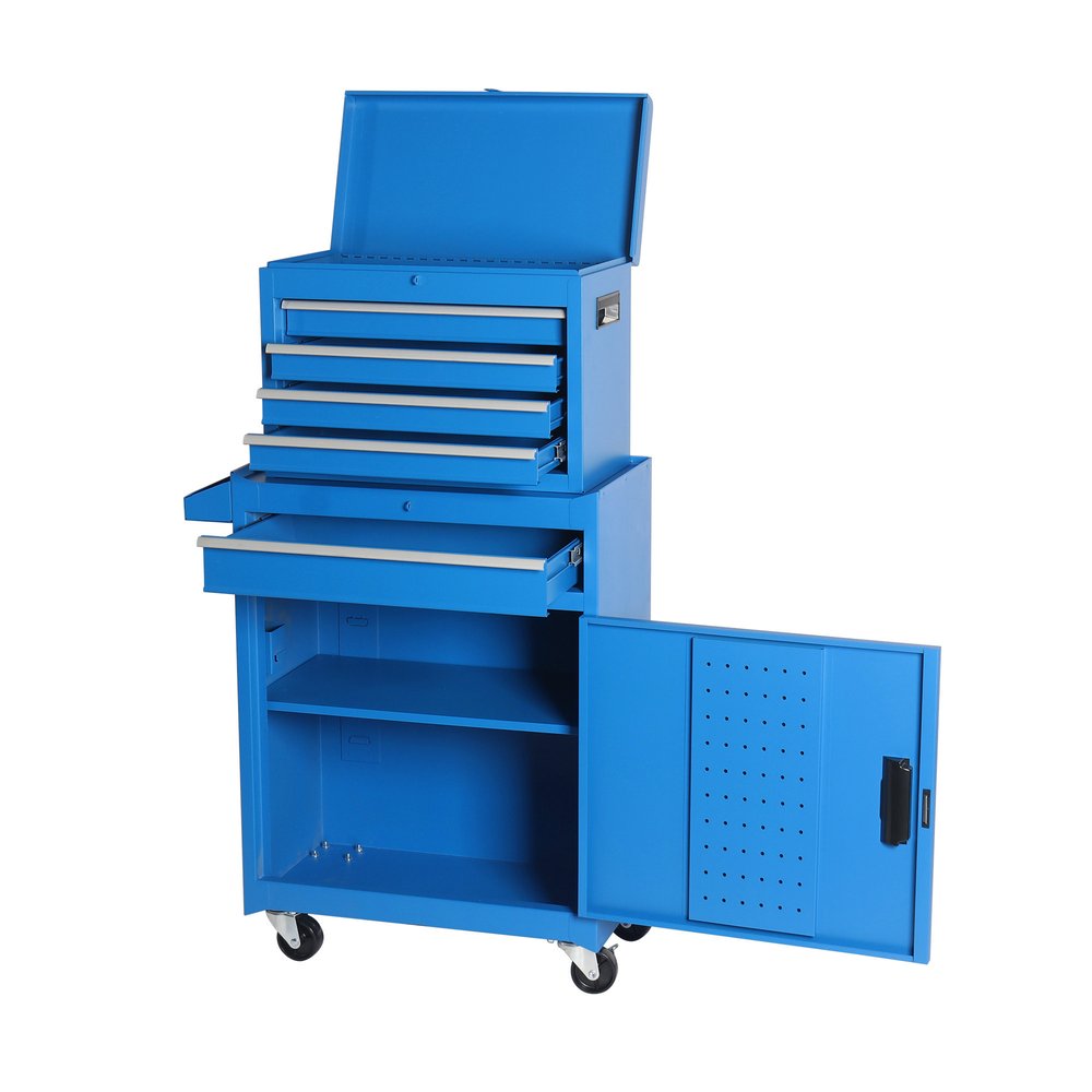 Blue steel rolling tool cabinet with open lid and drawers, and an open cabinet door with pegboard interior.