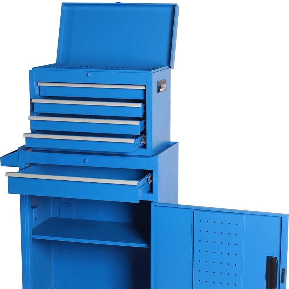 Set of Two Blue Multi-Tier Steel Rolling Cabinet With Lid - with Two Cabinets