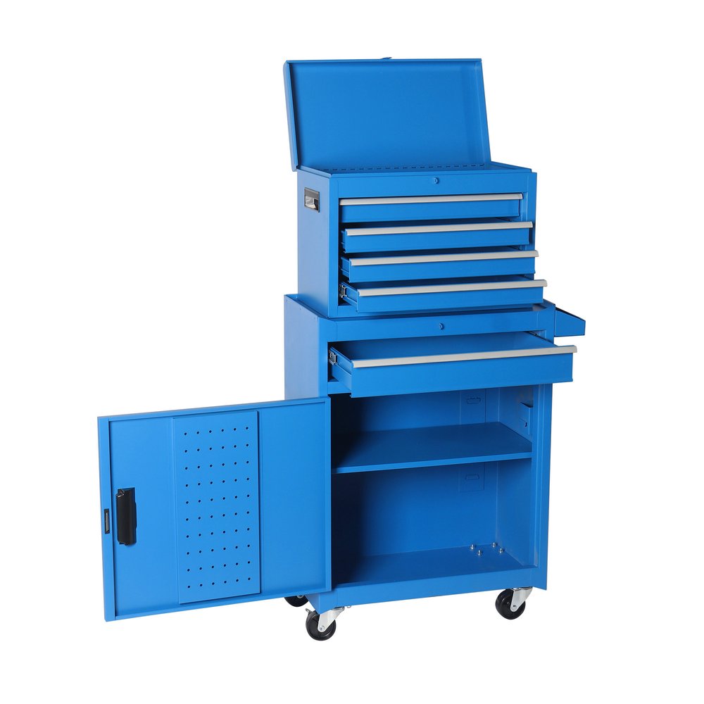 Set of Two Blue Multi-Tier Steel Rolling Cabinet With Lid - with Two Cabinets