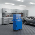 Set of Two Blue Multi-Tier Steel Rolling Cabinet With Lid