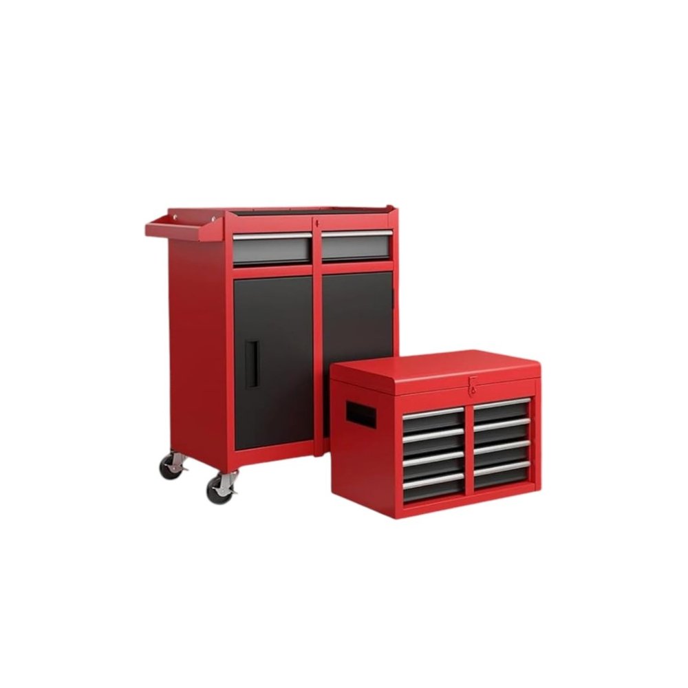 Set of Two Red Multi-Tier Steel Rolling Cabinet With Lid