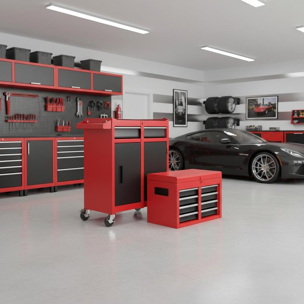 Set of Two Red Multi-Tier Steel Rolling Cabinet With Lid