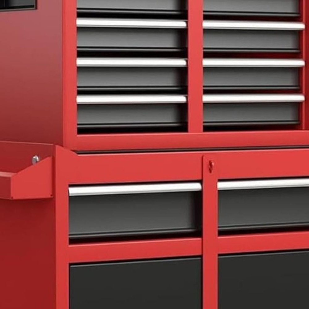 Set of Two Red Multi-Tier Steel Rolling Cabinet With Lid