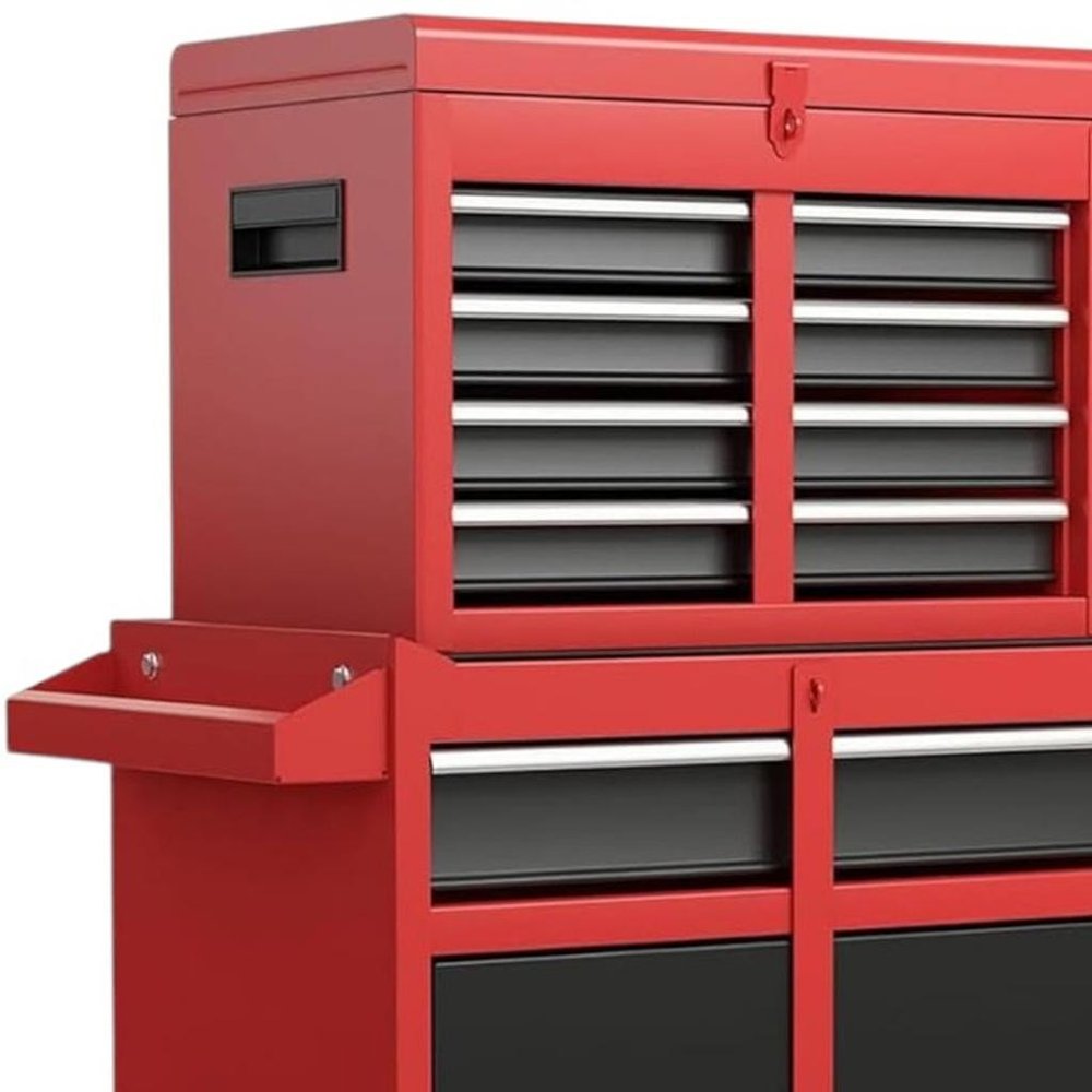 Set of Two Red Multi-Tier Steel Rolling Cabinet With Lid