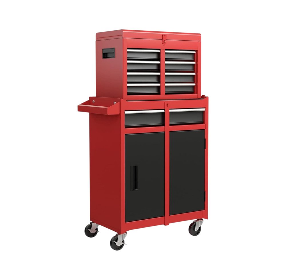 Red steel rolling tool cabinet with multiple drawers and two cabinet doors on a white background.