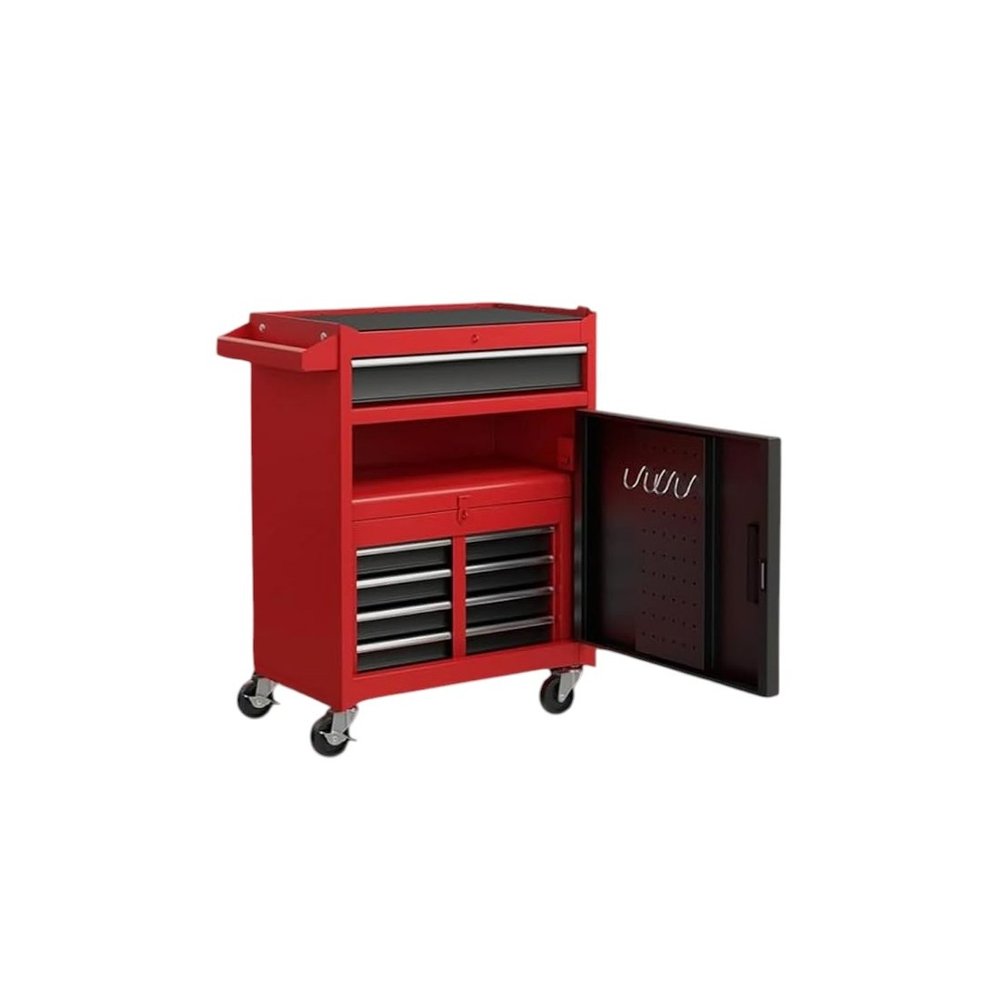 Set of Two Red Multi-Tier Steel Rolling Cabinet With Lid