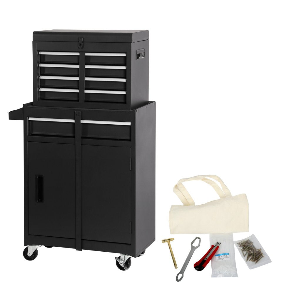 Black steel rolling tool cabinet with lid and drawers, next to a canvas bag and assorted tools and hardware on a white background.