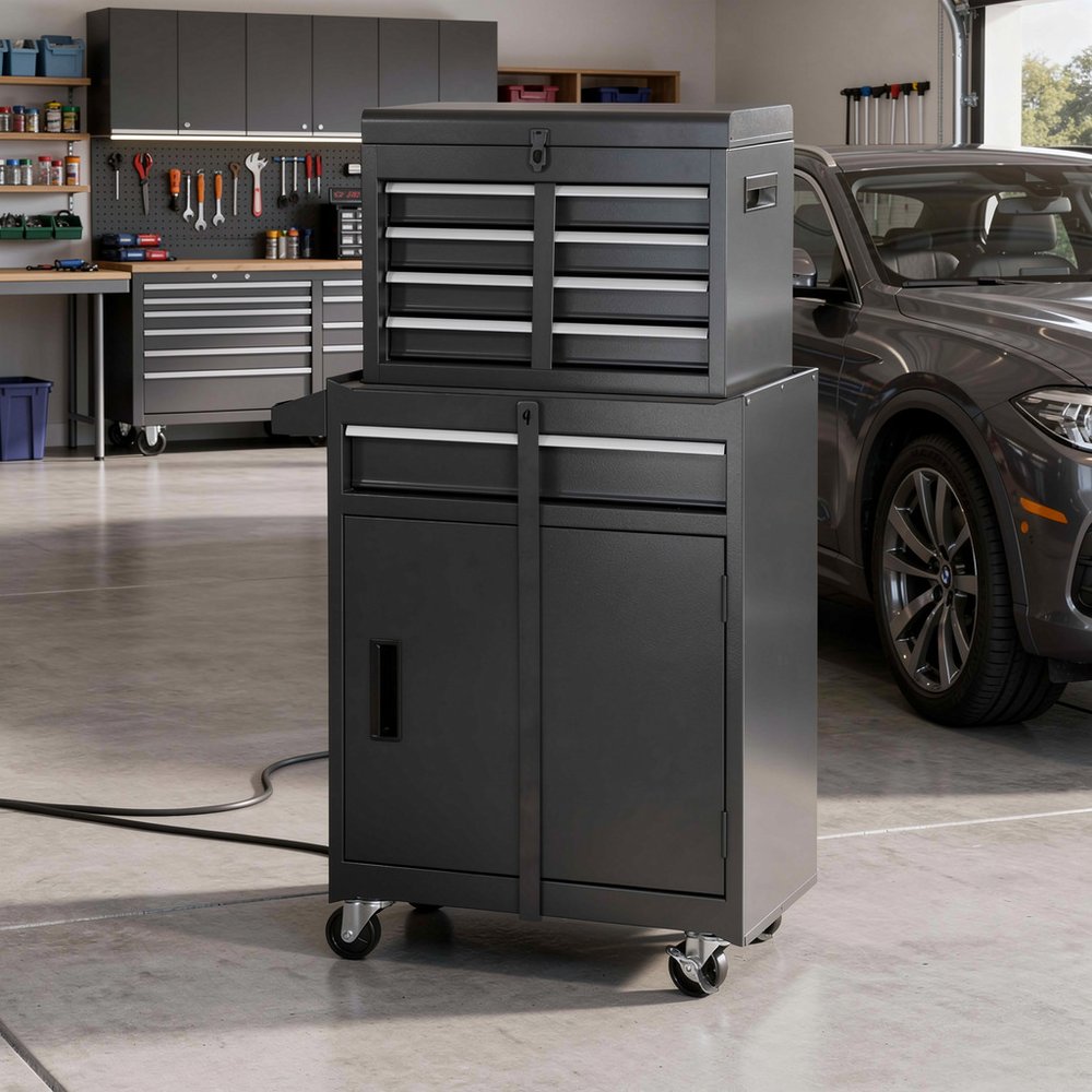 Set of Two Black Multi-Tier Steel Rolling Cabinet With Lid - SKU 714587